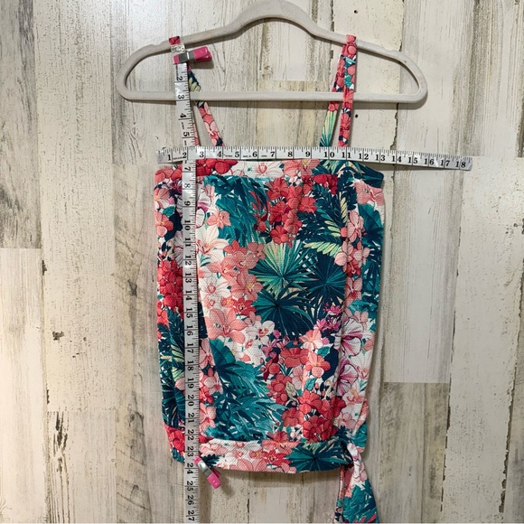 Beach House Pink Green Blue Textured Floral Relaxed Fit Tie Front Bikini Top - Picture 4 of 11